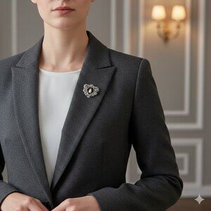 Vintage-Style Ornate Floral Wreath Brooch Teardrop Pearl Silver Tone